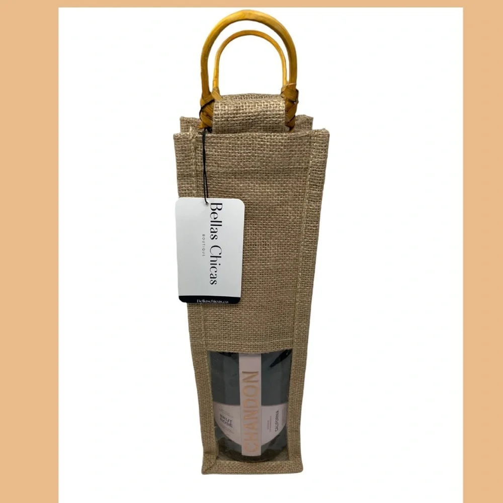 Natural Jute Wine Bottle Bag with wooden handle